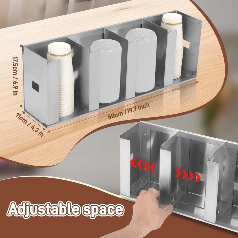benut Adjustable Stainless Steel Cup & Lid Holder - 4 Compartments, 32 oz Cup Dispenser for Restaurant, Straw Organizer Commercial Cup Holder, 304 Stainless Steel Lid Dispenser - Image 2